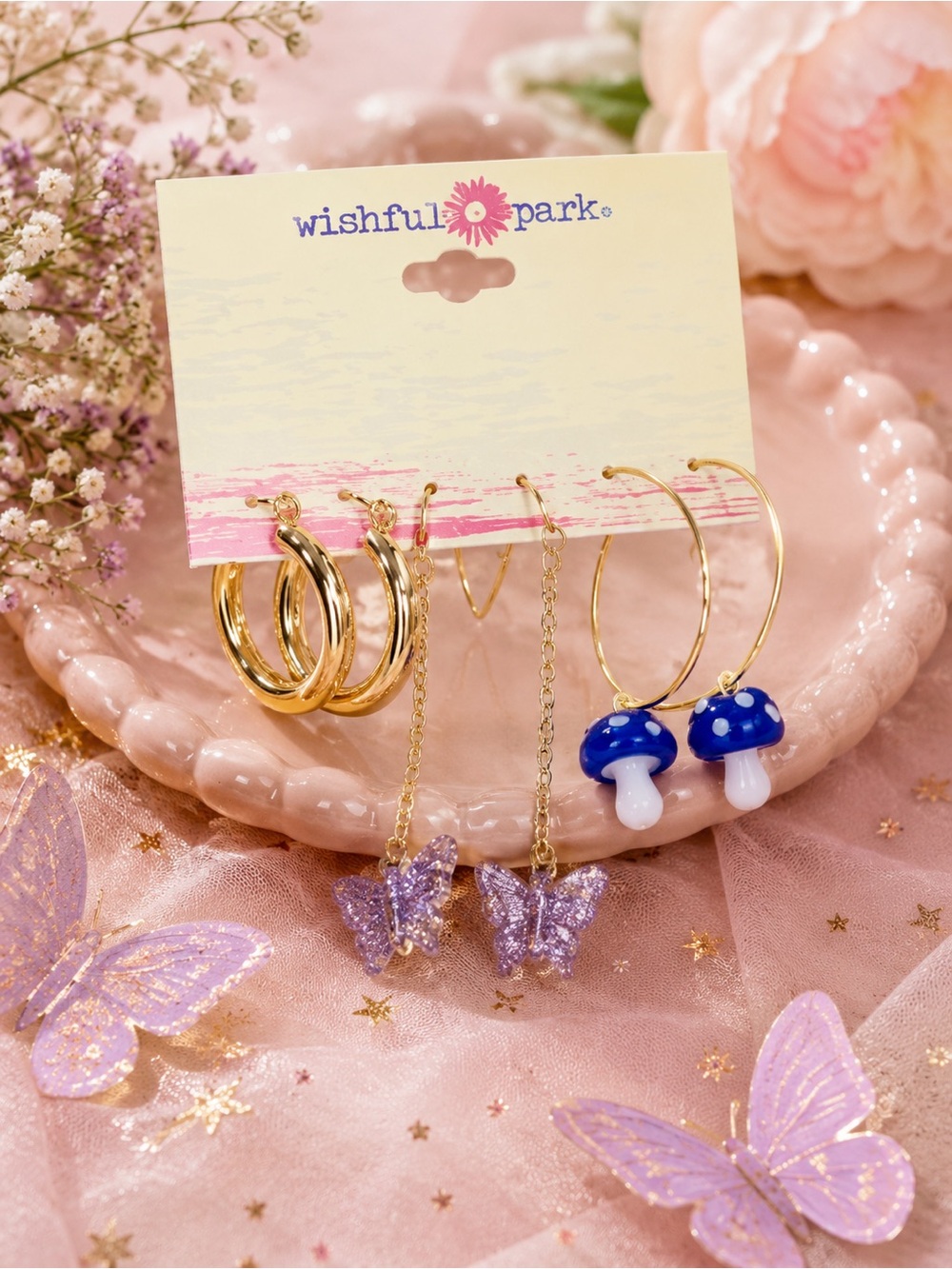 🦋 NEW WISHFUL PARK MIXED EARRING SET – HOOPS, BUTTERFLIES & MUSHROOMS 🍄